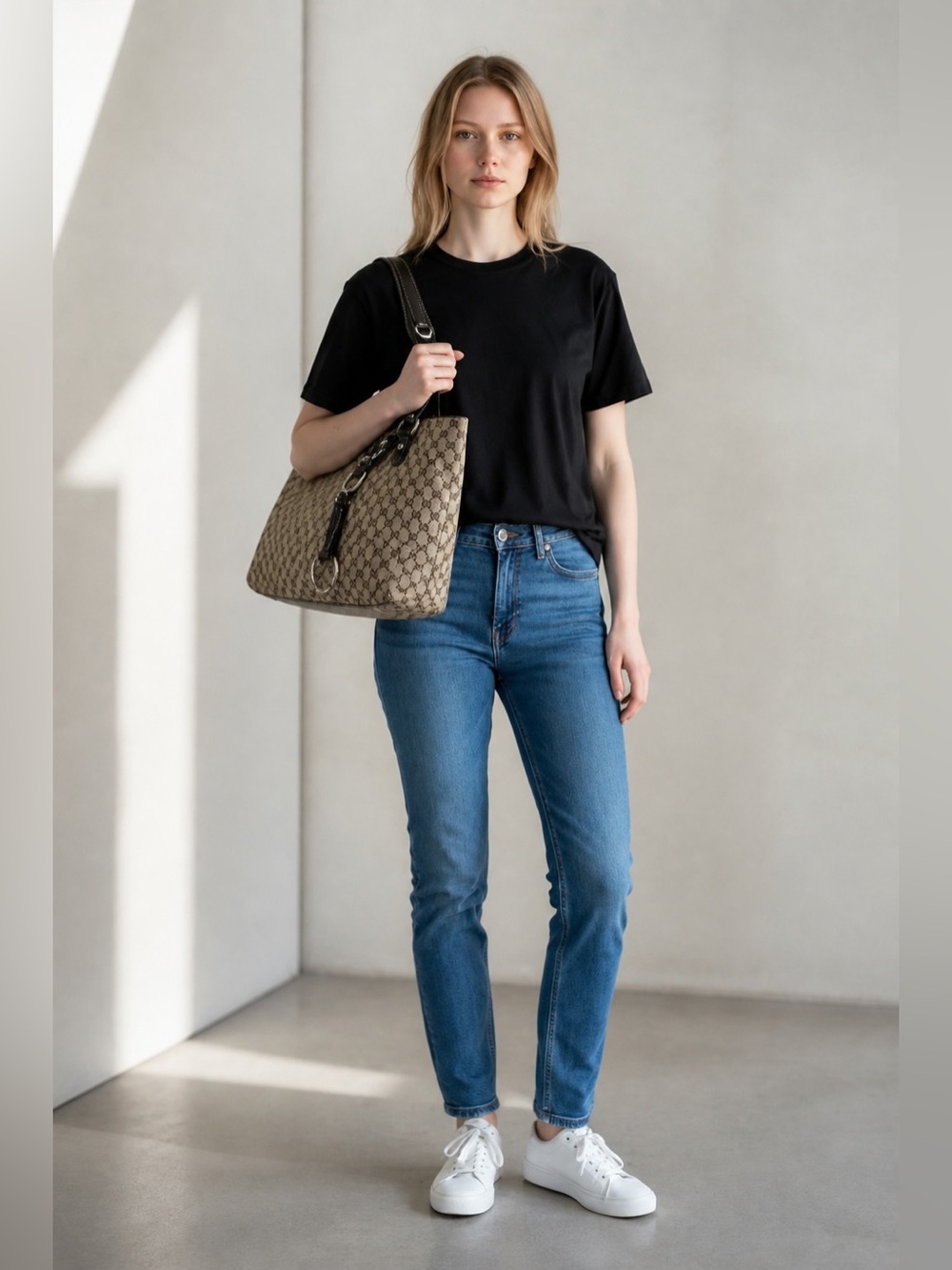 Gucci Beige and Black Monogram Shoulder Bag